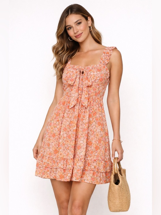 Jessica Simpson Dresses & Skirts - Jessica Simpson S Floral Mini Dress Pink Orange Tie Front Ruffle Hem Summer Boho